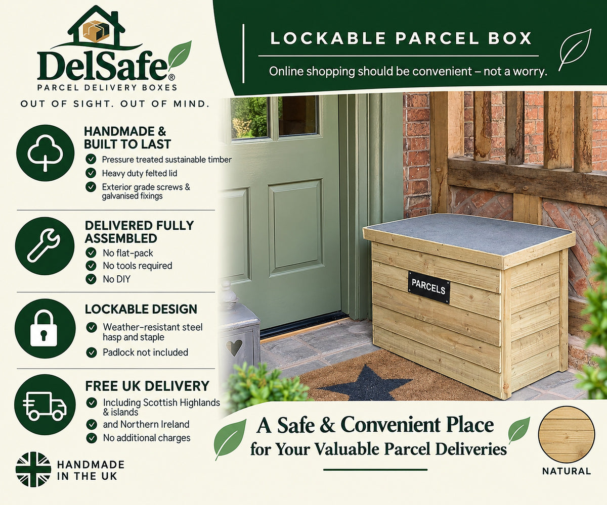 Black DelSafe wooden parcel delivery box features and benefits