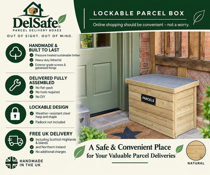 Black DelSafe wooden parcel delivery box features and benefits