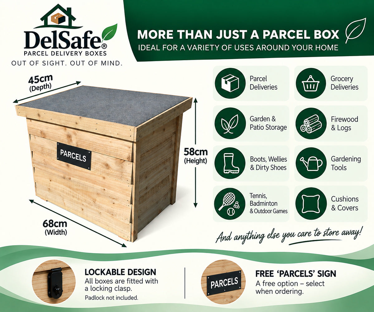 DelSafe wooden parcel delivery box features, dimensions and free UK delivery