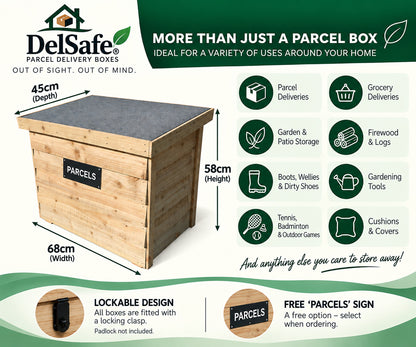 DelSafe wooden parcel delivery box features, dimensions and free UK delivery